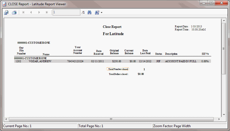 Close Report sample