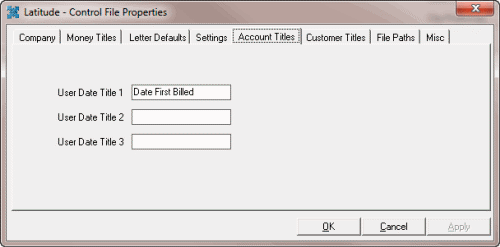 Latitude - Control File Properties window - Account Titles tab