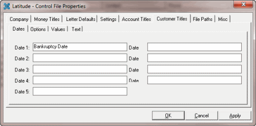 Latitude - Control File Properties window - Customer Titles tab