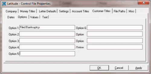 Latitude - Control File Properties window - Customer Titles tab - Options tab