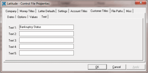 Latitude - Control File Properties window - Customer Titles tab - Text tab