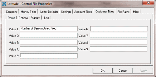 Latitude - Control File Properties window - Customer Titles tab - Values tab