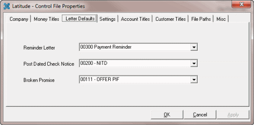 Latitude - Control File Properties window - Letter Defaults tab