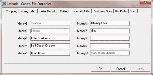 Latitude - Control File Properties window - Money Titles tab