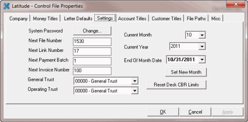 Latitude - Control File Properties window - Settings tab