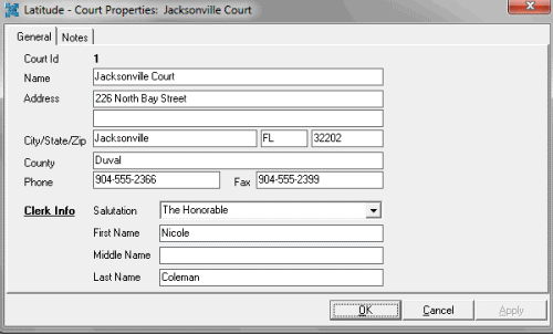 Latitude - Court Properties dialog box