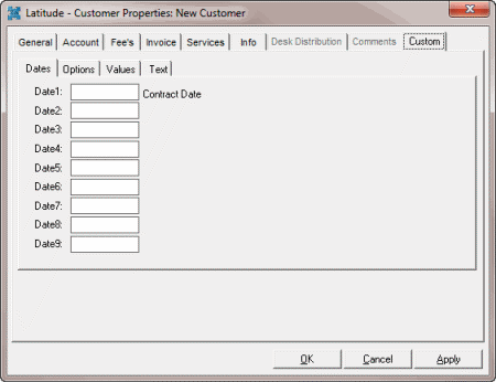Latitude - Customer Properties: New Customer dialog box - Custom tab