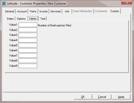 Latitude - Customer Properties: New Customer dialog box - Custom tab - Values tab