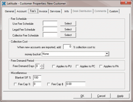 Latitude - Customer Properties dialog box - Fees tab