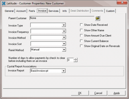 Latitude - Customer Properties dialog box - Invoice tab