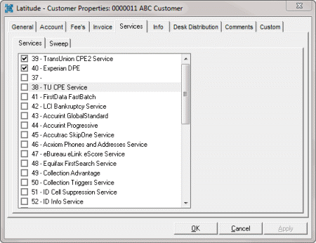 Latitude - Customer Properties dialog box - Services tab