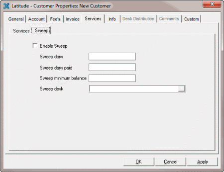 Latitude - Customer Properties: New Customer dialog box - Services tab - Sweep tab