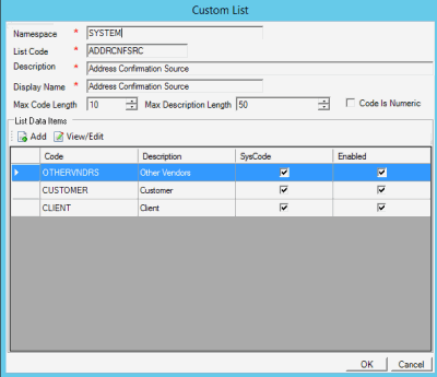 Custom List dialog box