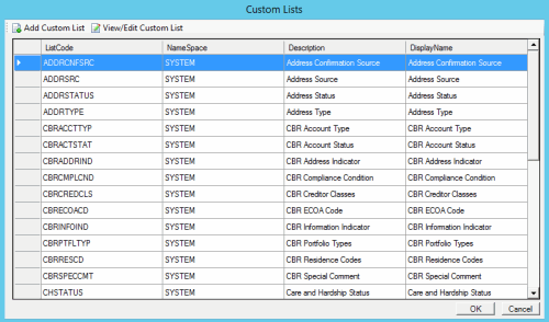Custom Lists window
