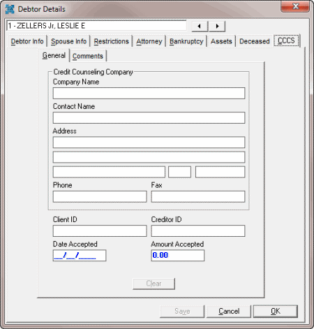 Debtor Details dialog box - CCCS tab - General tab