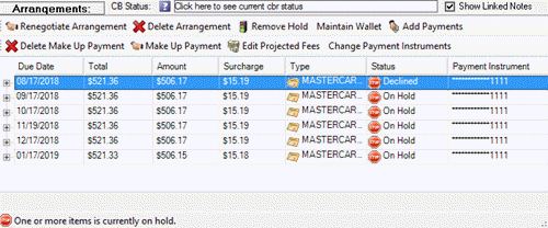 Arrangements panel - declined payment