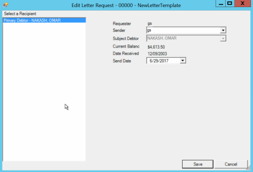 Edit Letter Request dialog box