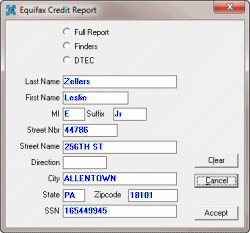 Equifax Credit Report dialog box