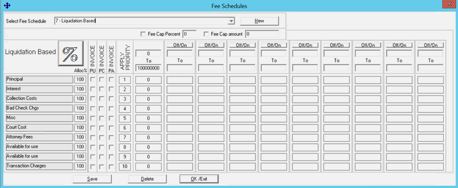 Fee Schedules window - Liquidation Based