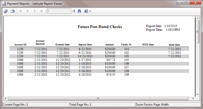 Future Post-Dated Checks report sample