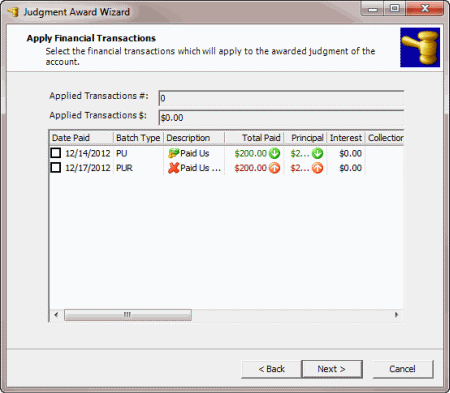 Judgment Award Wizard - Apply Financial Transactions page