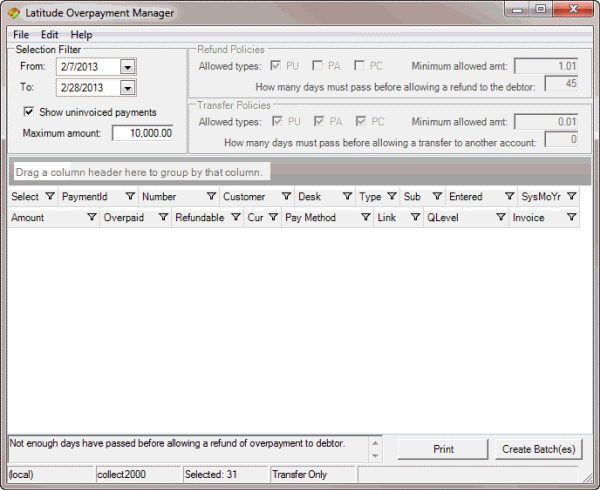 Latitude Overpayment Manager window