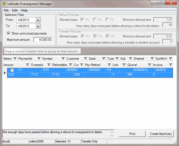 Latitude Overpayment Manager window - view overpayments