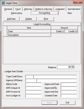 Legal View dialog box - Accounting tab