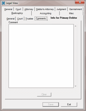 Legal View dialog box - Bankruptcy tab - Comments tab