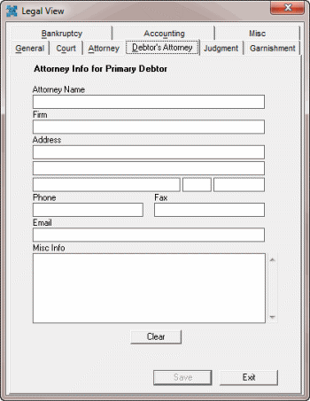 Legal View dialog box - Debtor's Attorney tab