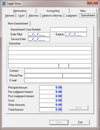 Legal View dialog box - Garnishment tab