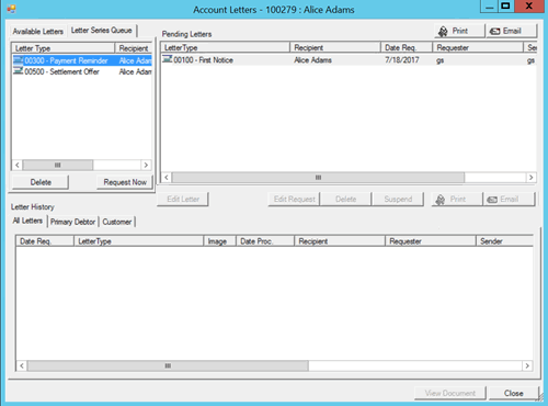 Account Letters window - Letter Series Queue tab