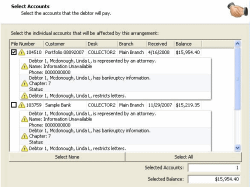 Enter New Arrangements window - Select Accounts page - Restrictions