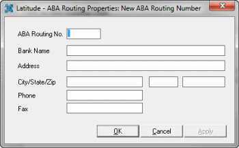 Latitude - ABA Routing Properties: New ABA Routing Number dialog box