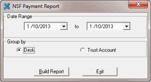 NSF Payment Report dialog box NSF Payment Report dialog box