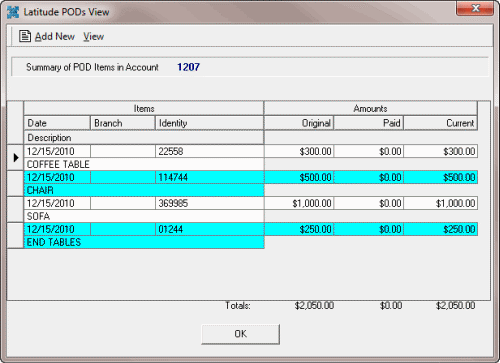 PODs View dialog box PODs View dialog box
