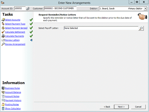 Enter New Arrangements window - Request Reminder/Notice Letters page