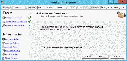 Review Payment Arrangement page - Tweak an Arrangement wizard