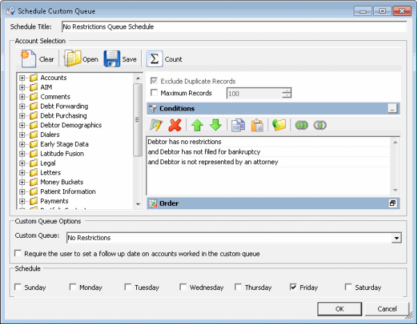 Schedule Custom Queue window