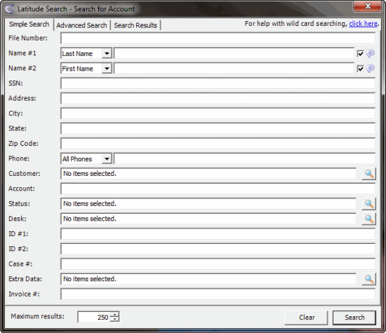 Latitude Search - Search for Account window - Simple Search tab Latitude Search - Search for Account window - Simple Search tab