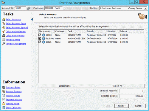Enter New Arrangements wizard - Select Accounts page
