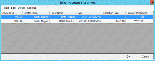 Select Payment Instrument dialog box