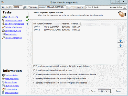 Enter New Arrangement window - Select Payment Spread Method page