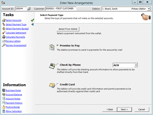 Enter New Arrangements window - Select Payment Type page