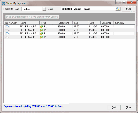 Show My Payments window Show My Payments window