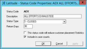 Latitude - Status Code Properties dialog box