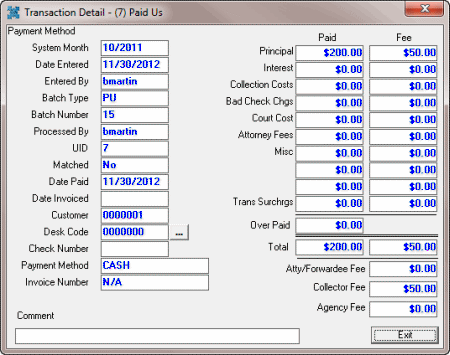 Transaction Detail window Transaction Detail window