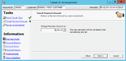 Tweak Payment Amount page - Tweak an Arrangement wizard