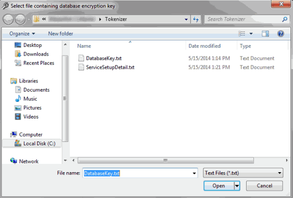 Select file containing database encryption key dialog box Select file containing database encryption key dialog box