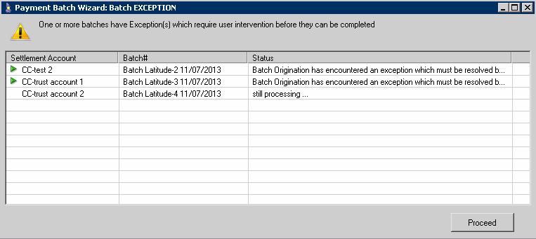 Payment Batch Wizard: Batch Exception window